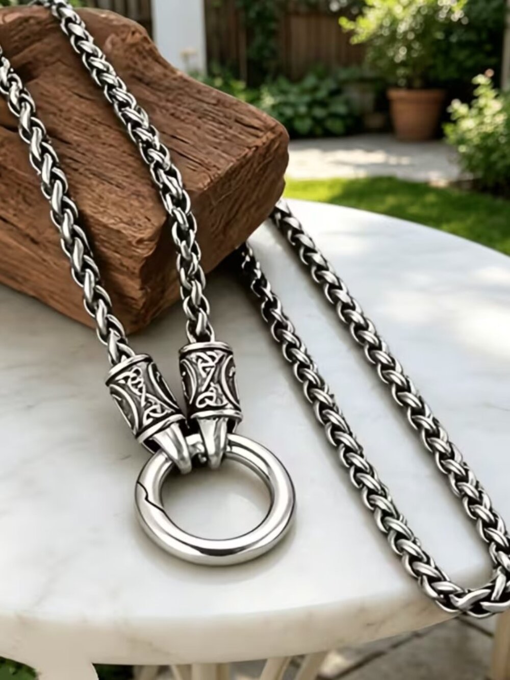 NWT Norse Viking Rune Wheat Chain Necklace Stainless Steel O-Ring Clasp